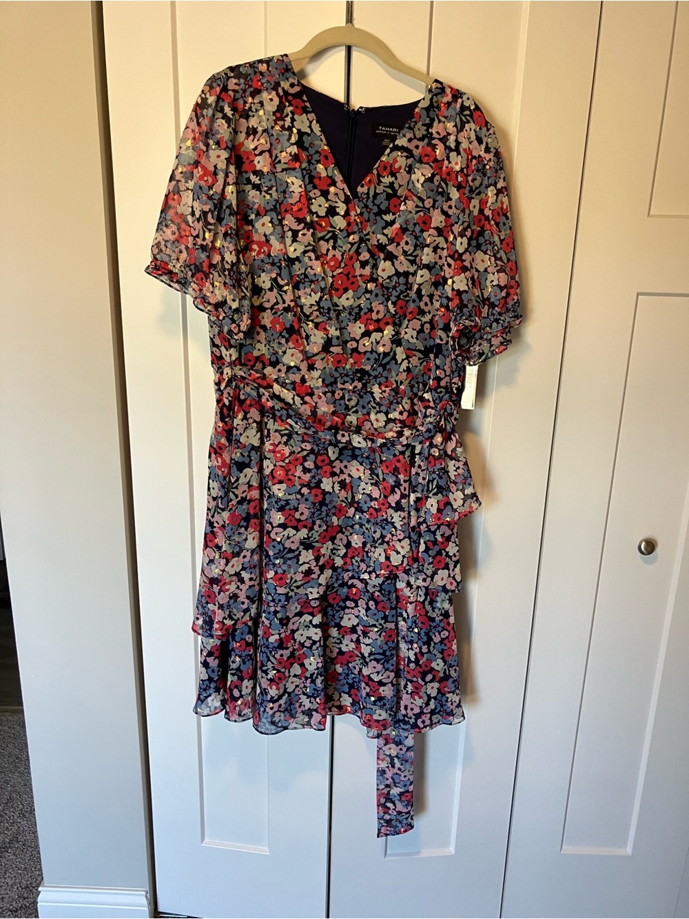 Size 18w Tahari Woman Navy Floral Wrap Midi with Pink & White Blooms